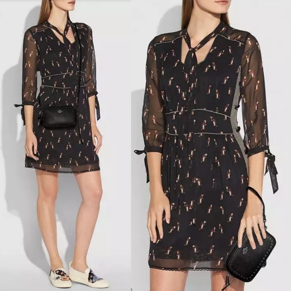 New Coach 1941 Penguin Print Tie Neck Knee Length Black Dress NWT Size 6 US